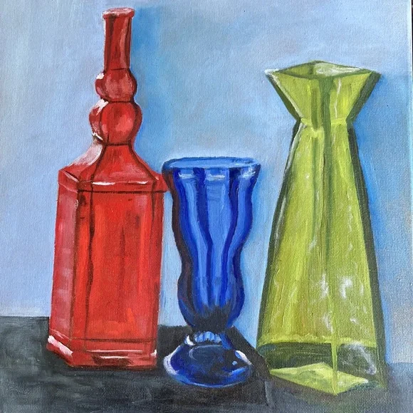 HAND CRAFTED original oil painting of three colorful bottles on table $175 - Picture 1 of 3